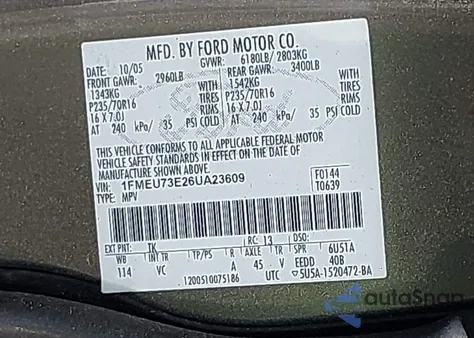 2006 Ford Explorer Xlt из США, поврежденный, VIN 1FMEU73E26UA23609